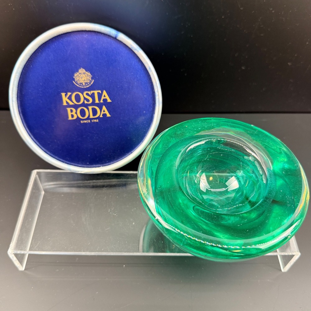 Kosta Boda Atoll Green Glass Votive Candle Bowl Anna Ehrner Signed with Box
